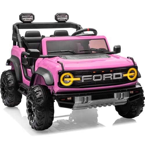 Power Wheels 24V Ride on Toys for Big Kids, Licensed Ford Bronco Raptor 2 Seater Ride on Cars with Remote Control, Ride on Truck w/ 4-Wheeler Suspension, 3 Speeds, Led Lights, Bluetooth (24V, Pink)
