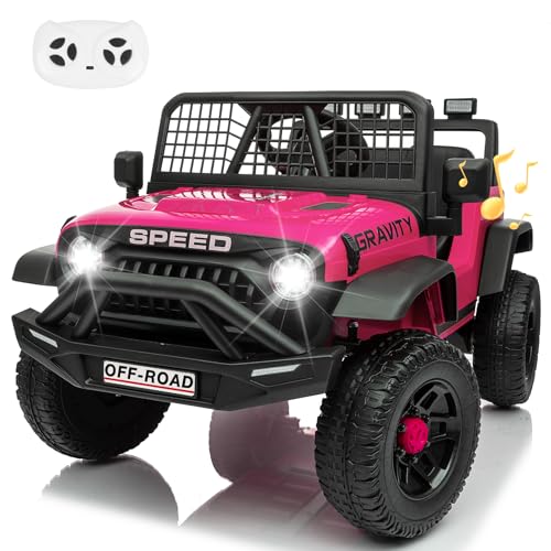 Power Wheels 24V Ride on Toys w/Remote Control, 4WD Kids Ride on Truck Car, 3 Speed, Bluetooth Music, Wide Seat, Spring Suspension, LED Light, Birthday for Boys Girls Toddler(Black+Pink)